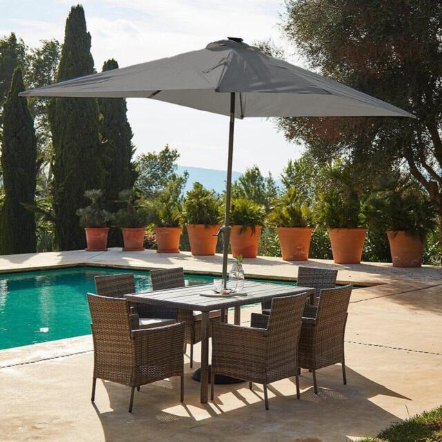 Marston 6 Seater Rattan Garden Dining Set with Grey Parasol - Grey - Polywood Top - image 1