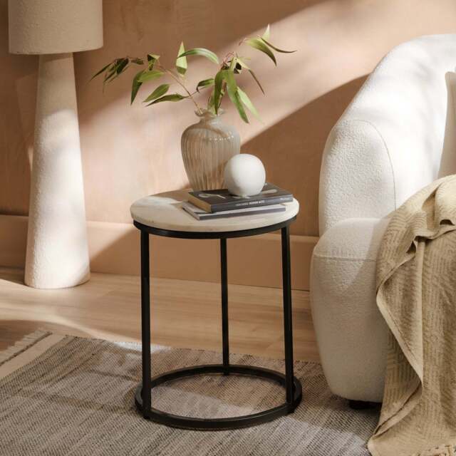 Nara White Marble Round Side Table - Black Frame - image 1