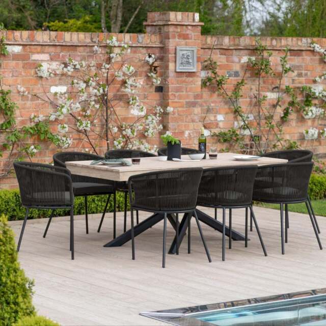 Amelia 8 Seater Wooden Garden Dining Set with 8 Hali Black Chairs - Light Brushed Acacia with Black Legs - image 1