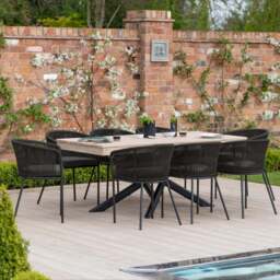 Amelia 8 Seater Wooden Garden Dining Set with 8 Hali Black Chairs - Light Brushed Acacia with Black Legs