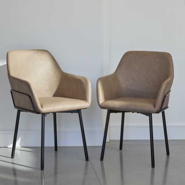 Reagan Almond Brown Vegan Leather Carver Chairs  - Set of 2 - Black Metal Legs - image 1