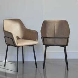 Reagan Almond Brown Vegan Leather Carver Chairs  - Set of 2 - Black Metal Legs - thumbnail 2