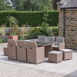 Cube 10 Seater Rattan Outdoor Dining Set with Grey LED Premium Parasol - Natural Brown Weave - thumbnail 2
