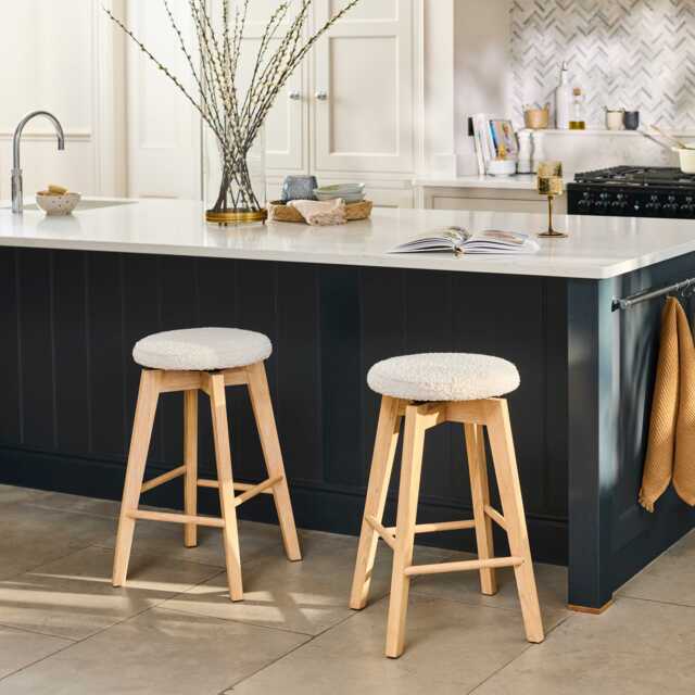 Digby Off White Boucle Swivel Backless Stools - Set of 2 - Whitewash Oak Legs - image 1