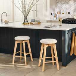 Digby Off White Boucle Swivel Backless Stools - Set of 2 - Whitewash Oak Legs - thumbnail 1