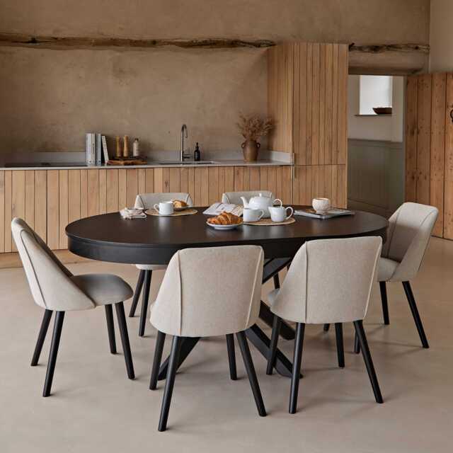 Amelia Black Oak Oval Extending Dining Table Set - 6 Seater - Freya Sand Dining Chairs - Black Oak Legs - image 1
