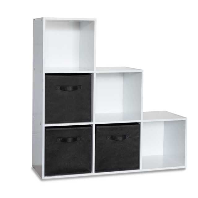 Cara 6 Cube Bookcase Ladder Storage Unit - Chalk White with Black Boxes - image 1