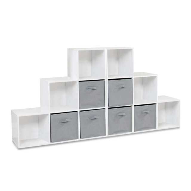 Cara 12 Cube Bookcase Ladder Storage Unit - Chalk White - Two 6 Cube Units - Grey Basket - image 1