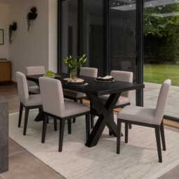 Charlotte Black Oak Extending Dining Table Set - 6 Seater - Nolan Fawn Linen Dining Chairs -  Black Oak Legs - thumbnail 1