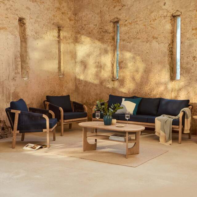 Shiro Wooden Garden Set with 3 Seater Sofa - 2 Shiro Armchairs with Delphi Oval Coffee Table and Side Table - image 1