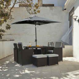 Cube 8 Seater Rattan Outdoor Dining Set with Grey Parasol- Black Weave Polywood Top - thumbnail 1