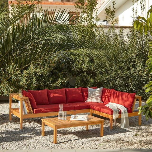 Dakota Wooden Garden Corner Sofa Set - Red Cushions - image 1