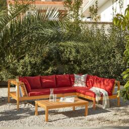 Dakota Wooden Garden Corner Sofa Set - Red Cushions - thumbnail 1