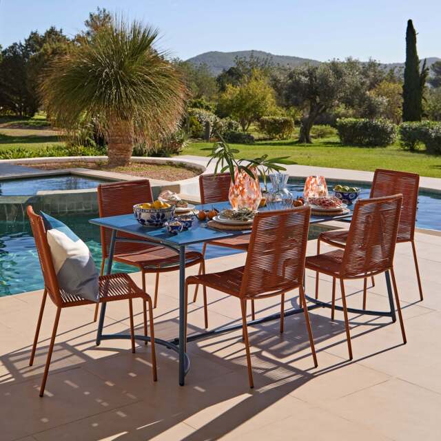 Wilder 6 Seater Blue Garden Dining Set with Ryder Burnt Orange Chairs - image 1