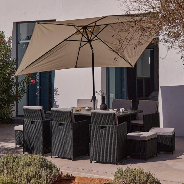 Cube 10 Seater Rattan Outdoor Dining Set with Cream LED Premium Parasol- Black Weave Polywood Top - image 1