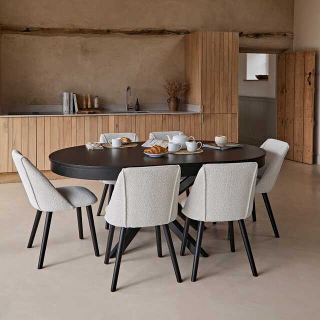 Amelia Black Oak Oval Extending Dining Table Set - 6 Seater - Freya Oat Boucle Dining Chairs- Black Oak Legs - image 1