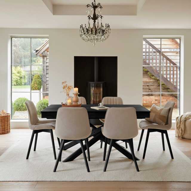 Amelia Black Extending Dining Table Set - 6 Seater - Bella Beige Dining Chairs - Black Legs - image 1