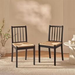 Tilly Natural Woven Dining Chairs - Set of 2 - Black Oak Legs
