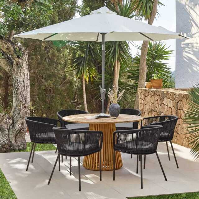 Willow 6 Seater Round Wooden Garden Set with 6 Hali Black Rope Chairs & Round Cream LED Parasol - image 1