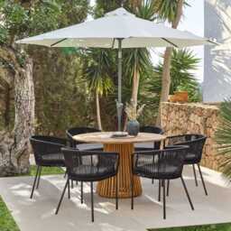 Willow 6 Seater Round Wooden Garden Set with 6 Hali Black Rope Chairs & Round Cream LED Parasol