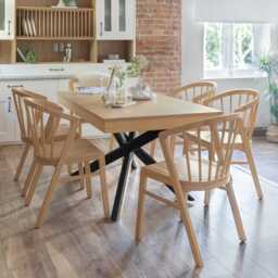 Amelia Pale Oak Extendable Dining Table Set with Black Legs - 6 Seater - Pale Oak Spindle Back Chairs