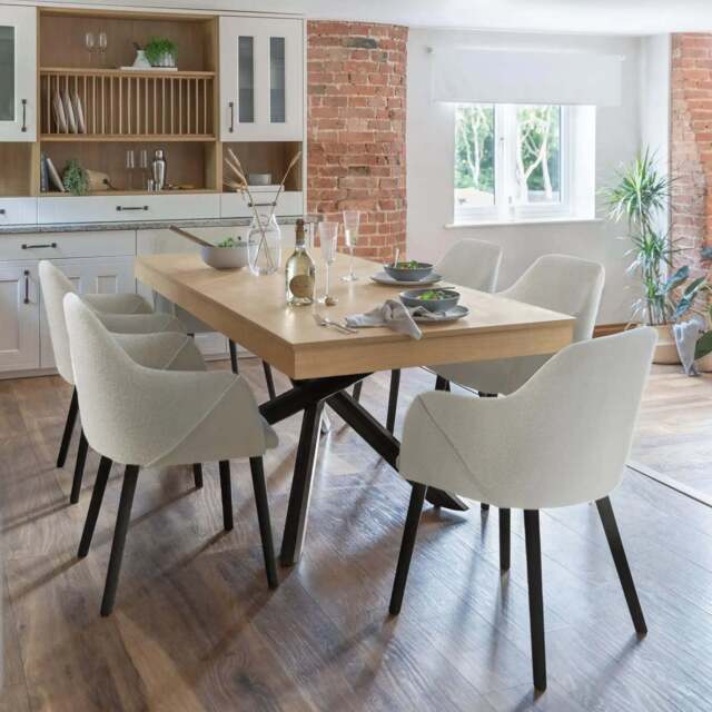 Amelia Whitewash Extendable Dining Table Set - 6 Seater - Freya Boucle Carver Chairs - Black Legs - image 1