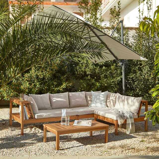 Dakota Wooden Garden Corner Sofa Set with Cream Parasol - Sand Cushions - image 1