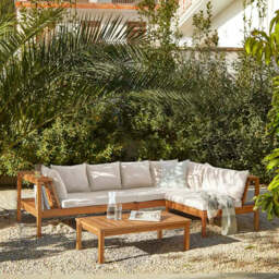 Dakota Wooden Garden Corner Sofa Set with Cream Parasol - Sand Cushions - thumbnail 2