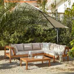 Dakota Wooden Garden Corner Sofa Set with Cream Parasol - Sand Cushions - thumbnail 1