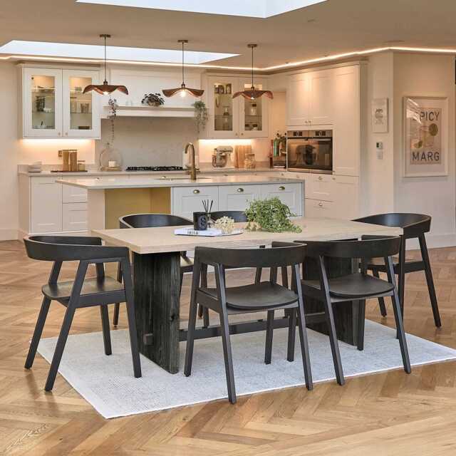 Priya Whitewash Dining Table Set  - 6 Seater - Ella Wooden Chairs - Black Legs - image 1
