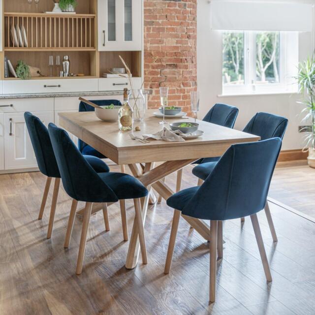 Amelia Whitewash Extendable Dining Table Set - 6 Seater - Freya Blue Dining Chairs - Whitewash Oak Legs - image 1