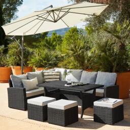 Aston 9 Seater Rattan Garden Corner Sofa Set with with Cream Lean Over Parasol - Black Polywood Top - thumbnail 1