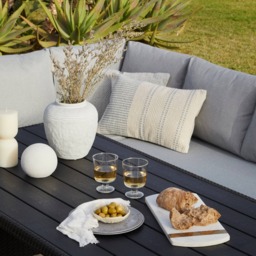 Aston 9 Seater Rattan Garden Corner Sofa Set with with Cream Lean Over Parasol - Black Polywood Top - thumbnail 5