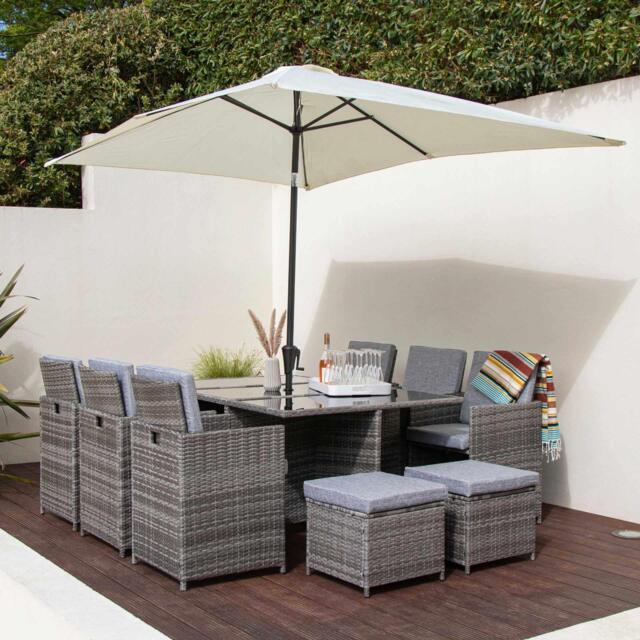 Cube 10 Seater Rattan Outdoor Dining Set with Cream Parasol - Grey Weave - image 1