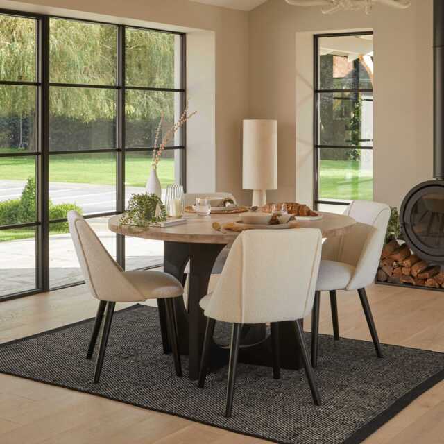 Jade Mango Wood Round Dining Table Set - 4 Seater - Freya Boucle Dining Chairs with Black Legs - image 1