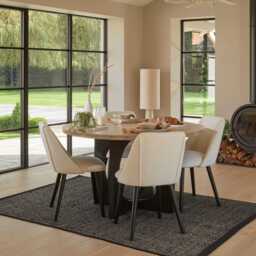 Jade Mango Wood Round Dining Table Set - 4 Seater - Freya Boucle Dining Chairs with Black Legs - thumbnail 1