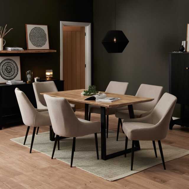 Atlas Chalked Mango Wood Dining Table Set - 6 Seater - Maeve Soft Beige Dining Chairs - Black Oak Legs - image 1