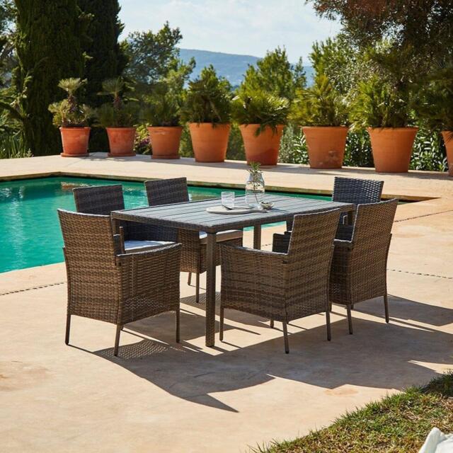 Marston 6 Seater Rattan Garden Dining Set - Grey - Polywood Top - image 1