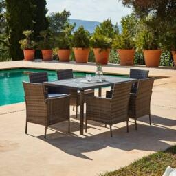 Marston 6 Seater Rattan Garden Dining Set - Grey - Polywood Top