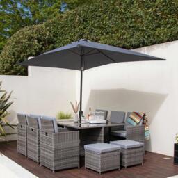 Cube 10 Seater Rattan Garden Dining Set with Grey Parasol - Grey Weave