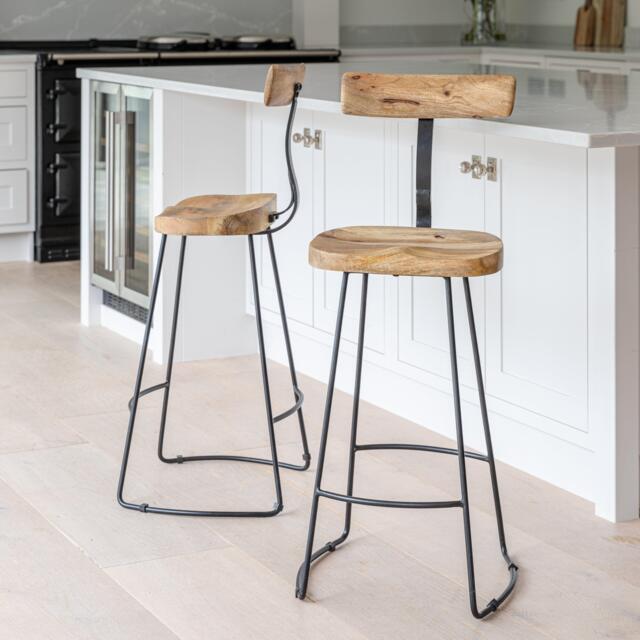 Aiden Natural Mango Wood Bar Stools - Set of 2 - Black Iron Legs - image 1