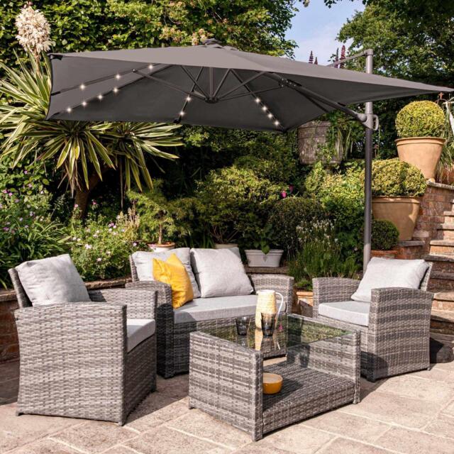 Cote 4 Seater Rattan Garden Sofa Set with Grey LED Premium Cantilever Parasol - Grey Weave - image 1