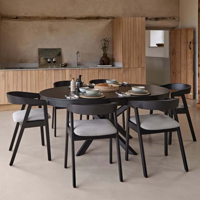 Amelia Black Oak Oval Extending Dining Table Set - 6 Seater - Ella Black Oak Carver Chairs - Fawn Linen - image 1