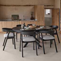 Amelia Black Oak Oval Extending Dining Table Set - 6 Seater - Ella Black Oak Carver Chairs - Fawn Linen - thumbnail 1