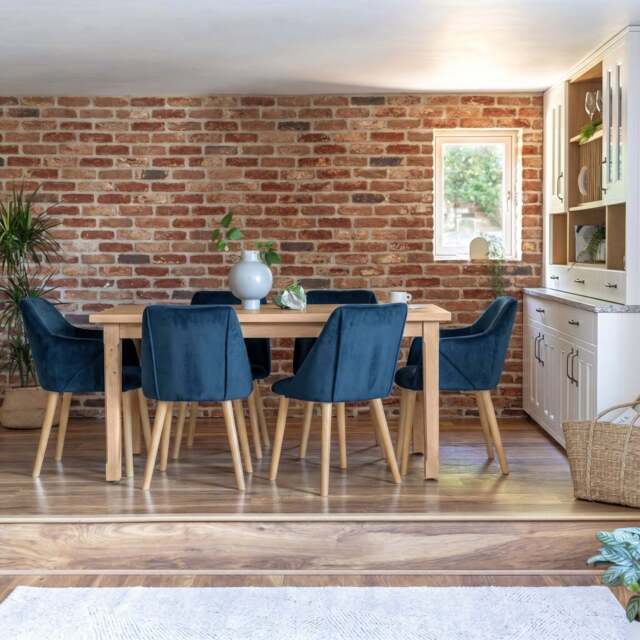 Ella 160cm Pale Oak Dining Table Set - 6 Seater - 4 Freya Dining Chairs with  2 Freya Armchairs - Ink Blue with Pale Oak Legs - image 1