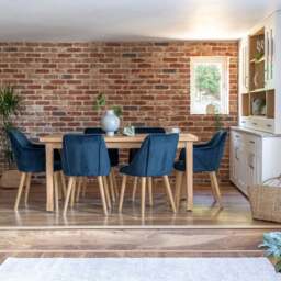 Ella 160cm Pale Oak Dining Table Set - 6 Seater - 4 Freya Dining Chairs with  2 Freya Armchairs - Ink Blue with Pale Oak Legs