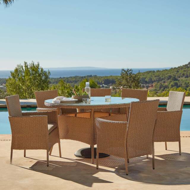 Kemble 6 Seater Rattan Round Garden Dining Table Set - Natural Brown - image 1