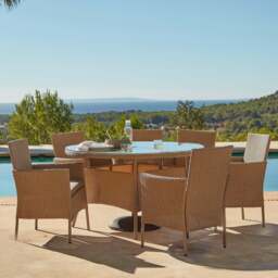 Kemble 6 Seater Rattan Round Garden Dining Table Set - Natural Brown - thumbnail 1