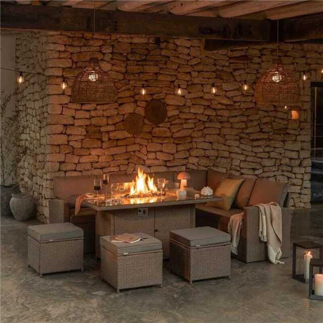 Aston 9 Seater Rattan Garden Corner Sofa Set with Fire Pit - Brown Weave - image 1