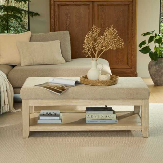 Breccan 110cm Footstool Coffee Table - Mink Taupe - Whitewash Oak Legs - image 1